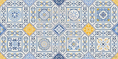 Seamless colorful patchwork in turkish style. Hand drawn background. Azulejos tiles patchwork. Portuguese and Spain decor. Islam Vector Illustration